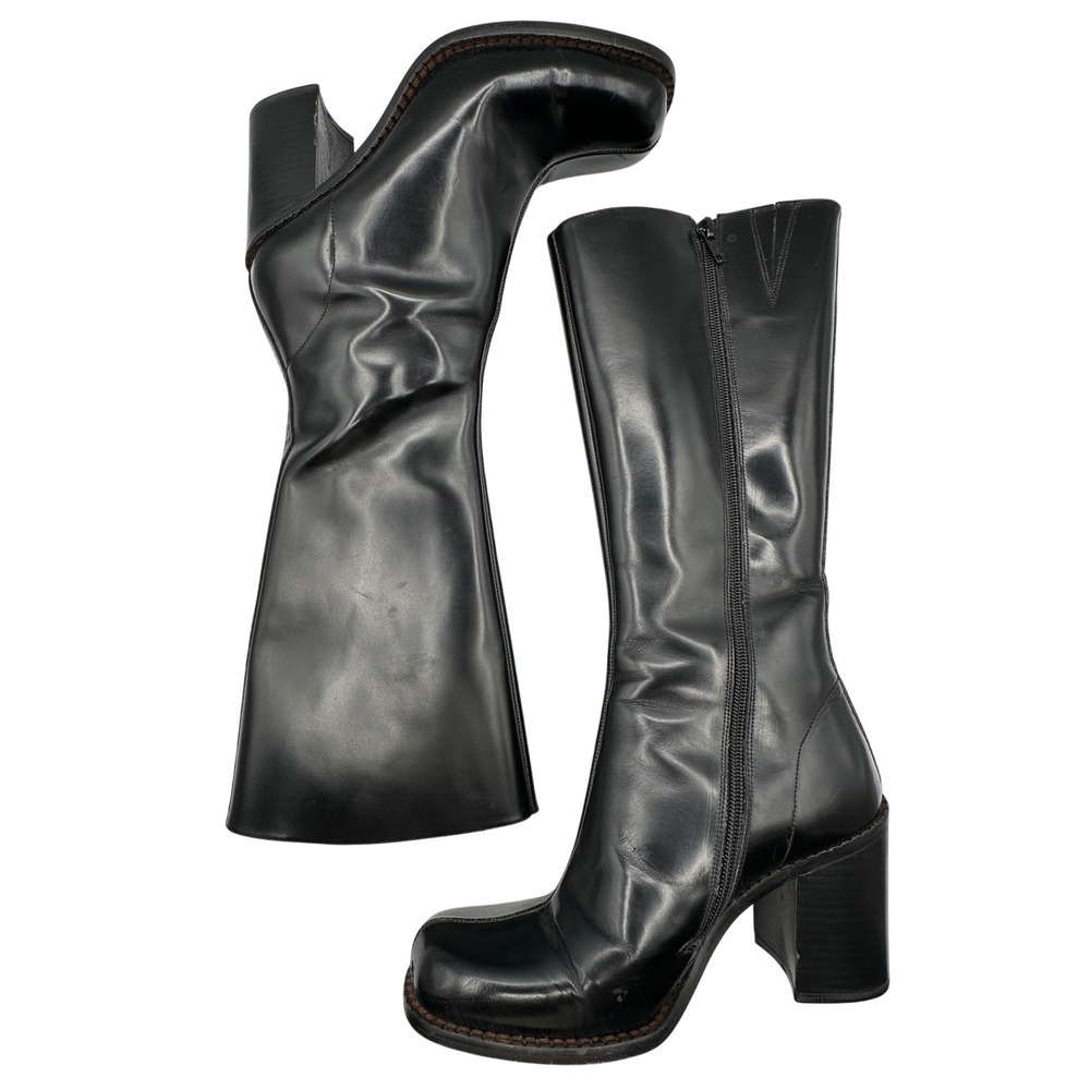 Vtg Y2K 90S GUESS Black Leather Knee High Square Toe Chunky Block Heel Boots 7.5